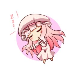  blush chibi closed_eyes commentary_request female hakamada_hinata hat kamelie long_hair nightcap pajamas pink_hair rou-kyuu-bu! sleeping solo very_long_hair 