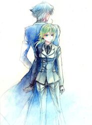  1boy ahoge artoria_pendragon_(fate) back-to-back bad_id bad_pixiv_id black_gloves black_hair blonde_hair emiya_kiritsugu fate/zero fate_(series) female formal gloves long_coat necktie norino_moto painting_(medium) pants ponytail saber_(fate) suit traditional_media watercolor_(medium) 