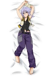  1boy androgynous barefoot commentary_request dakimakura_(medium) full_body green_eyes grey_hair kingdom_hearts long_hair male_focus midriff riku_(kingdom_hearts) shuu_(blow_wind) solo wristband 