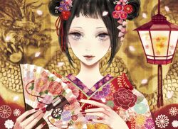  black_hair commentary_request dragon female floral_print flower folding_fan goshoguruma hair_flower hair_ornament hand_fan japanese_clothes kikumon kimono lantern lips miya_(akatabi_dante) nail_polish no_lineart original peony_(flower) petals pink_eyes solo 