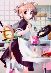  animal_ears apron brown_hair cat_ears chopsticks footwear frying_pan highres hiide kitchen nekomiya_nono short_hair slippers socks tail yotsunoha 