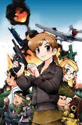  3boys 3girls aircraft airplane bashauma_senki cocking_gun commentary_request cover cover_page elephant explosion f8f_bearcat fi_156 first_indochina_war freckles glasses gun handgun hayami_rasenjin helmet highres hong_tan_ha irina_khodynskaya jacket ki-43_hayabusa leather leather_jacket maria_arkadievna_kharchenko military military_vehicle mole motor_vehicle ms.500 multiple_boys multiple_girls panther_(tank) phan_minh_viet self-propelled_artillery smile tank tiger_moth_(airplane) tokarev_tt-33 tran_(bashauma_senki) trigger_discipline uniform vietnam weapon 