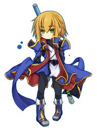  1boy blazblue blonde_hair blue_footwear boots coat commentary_request full_body green_eyes jin_kisaragi knee_boots male_focus pants scabbard sheath solo sword uzukinoko weapon yukianesa 