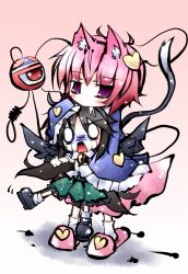  2girls animal_ears biting black_hair black_wings blush cat_ears cat_tail chibi commentary_request futase_hijiri grabbing green_skirt hairband head_biting heart kemonomimi_mode komeiji_satori medium_skirt multiple_girls o_o open_mouth panties pink_hair pink_skirt purple_eyes reiuji_utsuho shirt skirt slippers striped_clothes striped_panties tail tears third_eye touhou underwear wings 