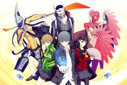  1boy 2girls amagi_yukiko bike_shorts black_hair black_legwear black_skirt brown_eyes brown_hair checkered_clothes checkered_skirt commentary_request folding_fan grey_eyes grey_hair hairband hand_fan hands_in_pockets highres infinote izanagi_(persona_4) jacket konohana_sakuya leg_lift long_hair looking_at_viewer miniskirt multiple_girls narukami_yuu pantyhose persona persona_(summon) persona_4 pleated_skirt satonaka_chie school_uniform short_hair skirt sweater tarot tarot_(card) tomoe_(persona_4) track_jacket 