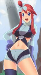  bad_id bad_pixiv_id blue_eyes crop_top female gloves hair_ornament hand_on_own_hip midriff navel ogros open_mouth pokemon pokemon_bw red_hair shorts skyla_(pokemon) solo 