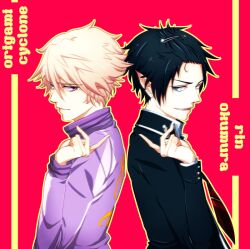  2boys ao_no_exorcist bad_deviantart_id bad_id black_hair blonde_hair blue_eyes character_name chijeu fangs hair_ornament hairclip ivan_karelin jacket letterman_jacket male_focus multiple_boys necktie okamoto_nobuhiko okumura_rin pointy_ears purple_eyes purple_jacket season_connection striped striped_necktie tiger_&amp;_bunny voice_actor_connection 