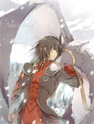  1boy armor bad_id bad_pixiv_id black_hair commentary_request copyright_name dragon echo_(circa) frown gaius_(tales) gloves male_focus manly red_eyes snow solo surcoat tales_of_(series) tales_of_xillia 