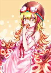  bakemonogatari blonde_hair commentary_request doughnut dress female food goggles goggles_on_head helmet inaba-no-kuni-tottori long_hair monogatari_(series) oshino_shinobu pointy_ears slit_pupils solo strap_slip sundress yellow_eyes 