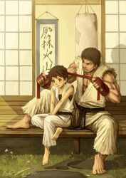  barefoot blush capcom dougi headband kasugano_sakura porch ryu ryuu_(street_fighter) sakura_kasugano smile street_fighter 