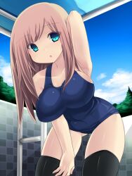  :o arm_behind_head arm_up armpits bad_id bad_pixiv_id black_thighhighs blonde_hair blue_eyes blush breasts cloud day female impossible_clothes impossible_swimsuit large_breasts leaning_forward long_hair looking_at_viewer one-piece_swimsuit original school_swimsuit sky solo swimsuit thighhighs thighs tsukumiya_amane 