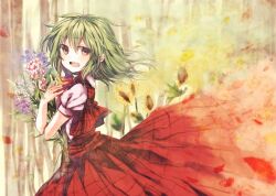  ascot bouquet brown_eyes carrying commentary_request dissolving female flower green_hair kazami_yuuka long_skirt looking_at_viewer miya_(tsumazukanai) open_mouth plaid plaid_skirt plaid_vest red_skirt short_hair skirt skirt_set smile solo sunflower touhou vest 