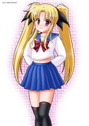  2011 bad_id bad_pixiv_id bishoujo_senshi_sailor_moon blonde_hair blue_sailor_collar bow cosplay fate_testarossa female juuban_middle_school_uniform long_hair lyrical_nanoha mahou_shoujo_lyrical_nanoha mizuki_reira photoshop_(medium) red_bow red_eyes sailor_collar school_uniform serafuku smile solo thighhighs tsukino_usagi tsukino_usagi_(cosplay) twintails zettai_ryouiki 