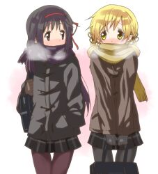  2girls akemi_homura bag black_hair blonde_hair blush coat commentary_request hair_ribbon long_hair mahou_shoujo_madoka_magica mahou_shoujo_madoka_magica_(anime) multiple_girls myama pantyhose purple_eyes ribbon scarf spoilers tomoe_mami yellow_eyes 