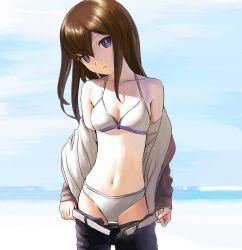  bare_shoulders belt bikini bikini_under_clothes brown_hair clothes_pull commentary female head_tilt highres jacket long_hair looking_at_viewer makise_kurisu mocha_(snowflake) navel pants pants_pull pantyhose pantyhose_pull photoshop_(medium) pulling_own_clothes purple_eyes shirt_pull solo steins;gate swimsuit undressing unzipped white_bikini 