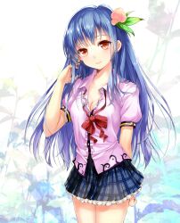  adapted_costume adjusting_hair arm_behind_back bad_id bad_pixiv_id blue_hair blush bow bowtie breasts buriki_(style) cleavage colored_eyelashes female fingernails flower food frills fruit head_tilt heart highres hinanawi_tenshi lips long_hair medium_breasts momoko_(momopoco) necktie no_headwear peach plaid plaid_skirt puffy_sleeves red_eyes skirt smile solo touhou undone_necktie 