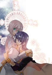  1boy bare_shoulders black_eyes bracelet commentary_request couple dafne dress estellise_sidos_heurassein female green_eyes hug jewelry long_hair off_shoulder photoshop_(medium) pink_hair purple_hair short_hair smile straight tales_of_(series) tales_of_vesperia yuri_lowell 