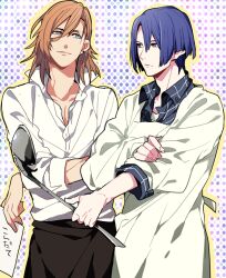  2boys apron bad_id bad_pixiv_id bishounen blonde_hair blue_eyes blue_hair cooking earrings hijirikawa_masato jewelry jinguuji_ren ladle long_hair male_focus multiple_boys plaid smile uta_no_prince-sama yuzumame 