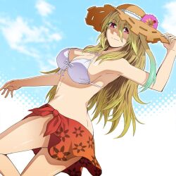  bikini blonde_hair breasts hat kenji_t1710 large_breasts long_hair milla_maxwell pink_eyes smile swimsuit taguchi_kenji tales_of_(series) tales_of_xillia 