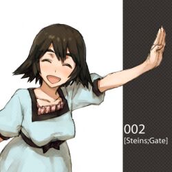  bad_id bad_pixiv_id black_hair closed_eyes collarbone dress female open_mouth outstretched_hand shiina_mayuri shoe-ji short_hair smile solo steins;gate 