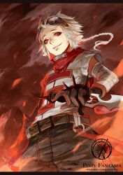  1boy :p animal_ears belt braid commentary_request fire gloves goggles goggles_on_head letterboxed male_focus photoshop_(medium) pixiv_fantasia pixiv_fantasia_wizard_and_knight red_eyes scarf silverwing single_braid solo sword tongue tongue_out weapon white_hair 