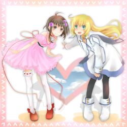  2girls aqua_eyes black_legwear blonde_hair border brown_eyes brown_hair choker coat colette_brunel dress full_body hair_ornament hairpin heart heart_border in-franchise_crossover kawamura_raichi leaning_forward long_hair multiple_girls pantyhose pink_border reala_(tales) red_choker shoes short_hair smile tales_of_(series) tales_of_destiny_2 tales_of_symphonia thighhighs very_short_hair white_background white_legwear 