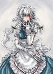  between_fingers commentary_request elbow_gloves female gloves glowing glowing_eyes heterochromia holding izayoi_sakuya knife maid maid_headdress panzer_(p.z) solo touhou 