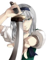  black_hairband commentary_request female green_hair grey_hair hairband katana konpaku_youmu kurokoeda solo sword touhou weapon 