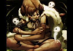  bandages bare_arms blood brown_eyes brown_hair clenched_teeth coat commentary_request facepaint female fur_coat indian_style injury jewelry kodama lehuss mononoke_hime necklace oerba_yun_fang photoshop_(medium) san_(mononoke_hime) short_hair sitting teeth tribal 