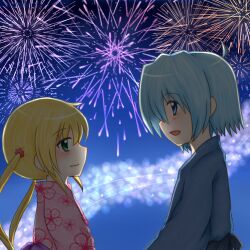  1boy aerial_fireworks ayasaki_hayate blonde_hair blue_eyes blue_hair blue_kimono commentary_request female fireworks floral_print green_eyes hayate_no_gotoku! japanese_clothes kimono long_hair lowres pink_kimono print_kimono sakura_ringo sanzen&#039;in_nagi short_hair yukata 