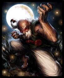  1boy bald barefoot beard dark-skinned_male dark_skin dasaod facial_hair fighting_stance full_moon glowing glowing_eyes gouken japanese_clothes long_hair low-tied_long_hair male_focus moon old old_man ponytail red_eyes sleeveless solo street_fighter street_fighter_iv_(series) 