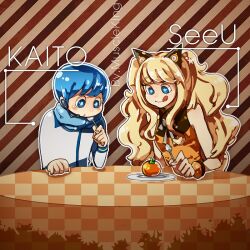  1boy :q animal_ears bad_id bad_pixiv_id blonde_hair blue_eyes blue_hair bracelet character_name eating female food fruit jewelry kaito_(vocaloid) kyukyukyu_(bada9504) long_hair persimmon seeu smile spoon tongue tongue_out vocaloid 