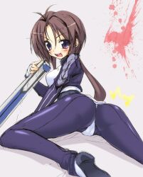  ass blue_eyes bodysuit breasts brown_hair commentary_request female kyoukaisenjou_no_horizon long_hair medium_breasts oriotorai_makiko photoshop_(medium) solo sword tachibana_surimu weapon 