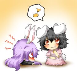  2girls anger_vein animal_ears bad_id bad_pixiv_id black_hair blush chibi inaba_tewi multiple_girls prank purple_hair rabbit_ears rabbit_girl rabbit_tail rebecca_(keinelove) red_eyes reisen_udongein_inaba smirk tail touhou 