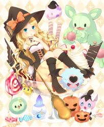  alternate_costume asymmetrical_clothes blonde_hair blue_eyes boots breasts caitlin_(pokemon) candy cleavage commentary_request elbow_gloves female food gloves gothita halloween hat highres ice_cream joltik litwick lollipop long_hair moe_(hamhamham) munna pokemon pokemon_(creature) pokemon_bw reuniclus saliva single_glove small_breasts solosis witch_hat woobat 