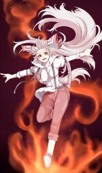  :d belt black_background bouncing_breasts bow breasts commentary_request denim female fiery_background fire fujiwara_no_mokou ginko_(nico) hair_ribbon hairbow highres impossible_clothes impossible_shirt jeans jumping large_bow long_hair looking_at_viewer medium_breasts night open_mouth outstretched_arms pants red_eyes ribbon shirt shoes sleeves_rolled_up smile solo suspenders touhou unaligned_breasts very_long_hair white_hair wide_hips 