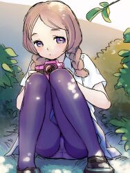  bad_id bad_pixiv_id braid brown_hair camera female higebu inazuma_eleven_(series) inazuma_eleven_go panties panties_under_pantyhose pantyhose pantyshot photoshop_(medium) plant purple_eyes purple_pantyhose solo twin_braids underwear yamana_akane 