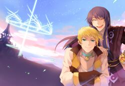  2boys ^_^ black_hair blonde_hair bracelet choker city closed_eyes coat crossed_arms gloves green_eyes guy_cecil hand_on_another&#039;s_shoulder in-franchise_crossover jewelry long_hair male_focus multiple_boys photoshop_(medium) runia sky smile tales_of_(series) tales_of_the_abyss tales_of_vesperia yuri_lowell 