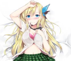  bad_id bad_pixiv_id bed_sheet blonde_hair blue_eyes boku_wa_tomodachi_ga_sukunai bra breasts butterfly_hair_ornament cleavage female hair_ornament kashiwazaki_sena large_breasts lingerie long_hair lying masamuuu navel on_back photoshop_(medium) school_uniform solo st._chronica_academy_school_uniform underwear 