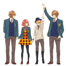  3boys bad_id bad_pixiv_id blazer blonde_hair blue_eyes brown_hair closed_eyes dress female glasses hat highres holding_hands jacket kira_(abyss) kurusu_shou multiple_boys nanami_haruka necktie orange_dress orange_hair pantyhose plaid plaid_dress ribbon saotome_academy_school_uniform school_uniform shinomiya_natsuki_(uta_no_prince-sama) shinomiya_satsuki short_dress short_hair smile spoilers unmoving_pattern uta_no_prince-sama yellow_eyes 