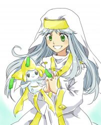  blue_hair commentary_request crossover female green_eyes habit index_(toaru_majutsu_no_index) inoichi jirachi long_hair lowres nun own_hands_clasped own_hands_together pokemon pokemon_(creature) safety_pin smile toaru_majutsu_no_index 