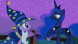  16:9 beard bell blue_eyes clothing facial_hair friendship_is_magic hasbro hat headgear headwear hi_res magic_user my_little_pony night preview princess_luna_(mlp) purple_eyes sneak_peak star twilight_sparkle_(mlp) widescreen wizard_hat 