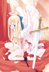  angel b.tarou bad_link blonde_hair blue_eyes blush bow chains copyright_request cuffs female hairbow halo light_rays long_hair photoshop_(medium) ribbon shackles solo sunbeam sunlight sword thighhighs traditional_halo weapon wings 