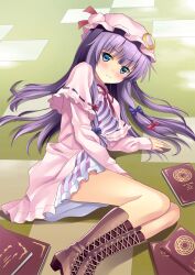  aqua_eyes bad_id bad_pixiv_id blue_eyes blush book boots bow crescent cross-laced_footwear dress female hairbow hat highres lace-up_boots legs long_hair lying on_side patchouli_knowledge purple_hair rasahan ribbon solo touhou 