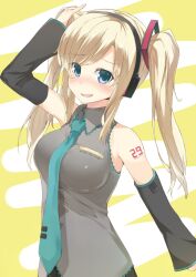  arm_up blonde_hair blue_eyes blush boku_wa_tomodachi_ga_sukunai breasts cccpo commentary_request cosplay detached_sleeves female hatsune_miku hatsune_miku_(cosplay) headphones kashiwazaki_sena large_breasts long_hair necktie open_mouth pun solo vocaloid 