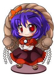  bad_id bad_pixiv_id black_skirt blush chibi crossed_arms faux_figurine female hair_ornament jewelry long_skirt mirror necklace pillar purple_hair red_eyes rope shimenawa shinjitsu shirt short_hair simple_background skirt smile solo touhou white_background yasaka_kanako 