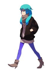  bad_id bad_pixiv_id blue_eyes blue_hair boots brown_scarf female full_body hatsune_miku long_hair pantyhose photoshop_(medium) purple_pantyhose scarf simple_background solo tomioka_jirou twintails vocaloid walking 