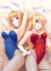  2girls ;d animal_ears armpits arms_behind_head bad_link bare_shoulders blonde_hair breasts cleavage detached_collar ellen_aice fishnet_pantyhose fishnets green_eyes hand_on_own_hip himukai_kyousuke lilia_kjellberg medium_breasts multiple_girls muv-luv muv-luv_alternative muv-luv_unlimited:_the_day_after one_eye_closed open_mouth pantyhose playboy_bunny purple_eyes rabbit_ears smile wrist_cuffs 