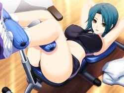  armpits arms_up blue_hair breasts covered_nipples exercise_machine exercising female game_cg iizuki_tasuku indoors kurokawa_sera large_breasts legs looking_at_viewer lovely_x_cation lying midriff navel on_back parted_lips shoes short_hair sneakers solo sports_bra sweat taut_clothes towel yellow_eyes 