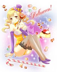  bare_shoulders bat_(animal) blonde_hair breasts candy candy_cane charlotte_(madoka_magica) checkerboard_cookie cherry cleavage commentary_request cookie detached_sleeves drill_hair earrings female fishnets food food-themed_hair_ornament fruit hair_ornament hairband halloween hat high_heels holding holding_wand hoshino_(nia_hoshino) jack-o&#039;-lantern jewelry kiwi_(fruit) leotard macaron mahou_shoujo_madoka_magica mahou_shoujo_madoka_magica_(anime) medium_breasts mini_hat mini_top_hat photoshop_(medium) pudding pumpkin pumpkin_hair_ornament ribbon shoes sitting smile solo strawberry thighhighs tomoe_mami top_hat wand yellow_eyes yellow_leotard 